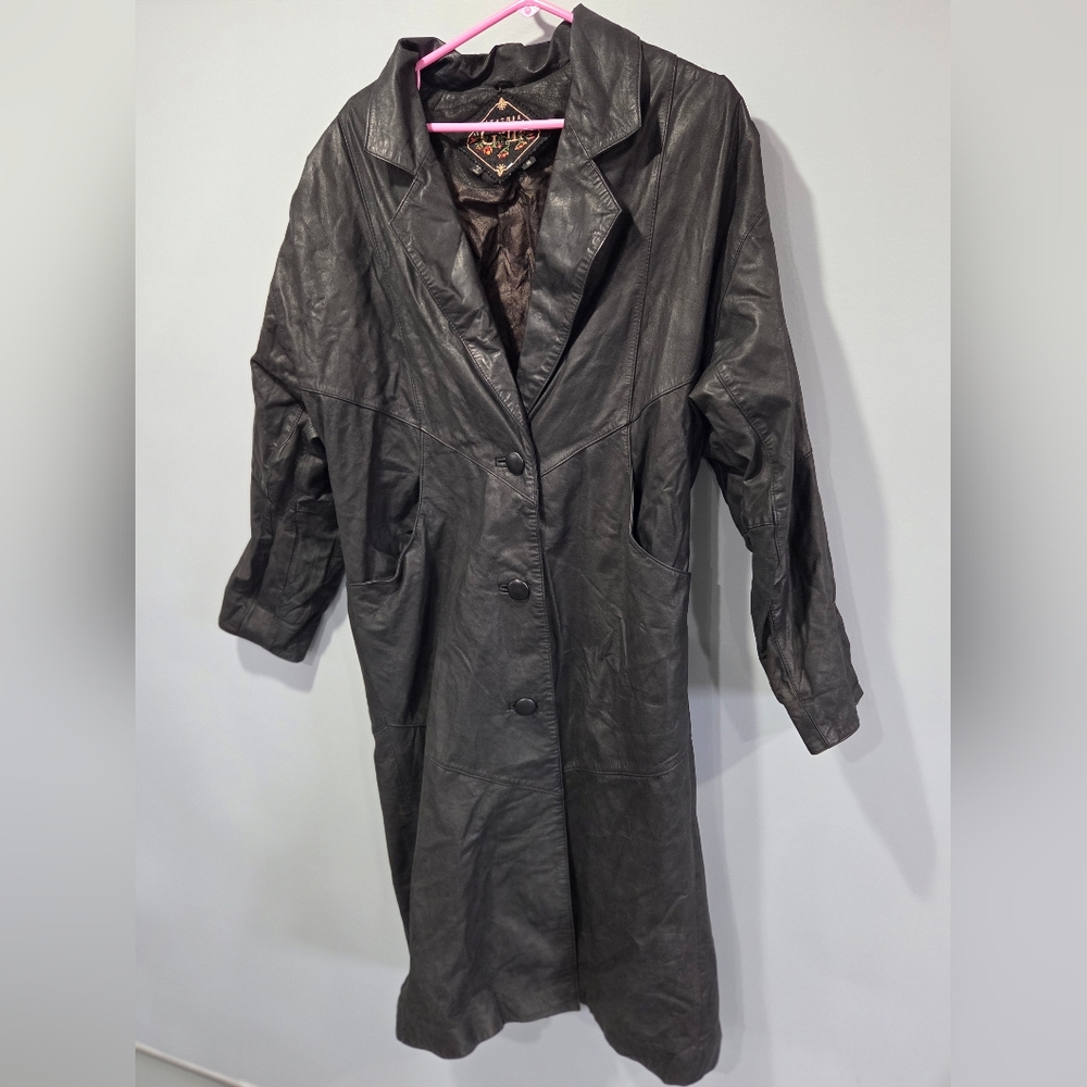 vintage "G III"  BLACK LEATHER TRENCH COAT WOMEN'S M medium JACKET